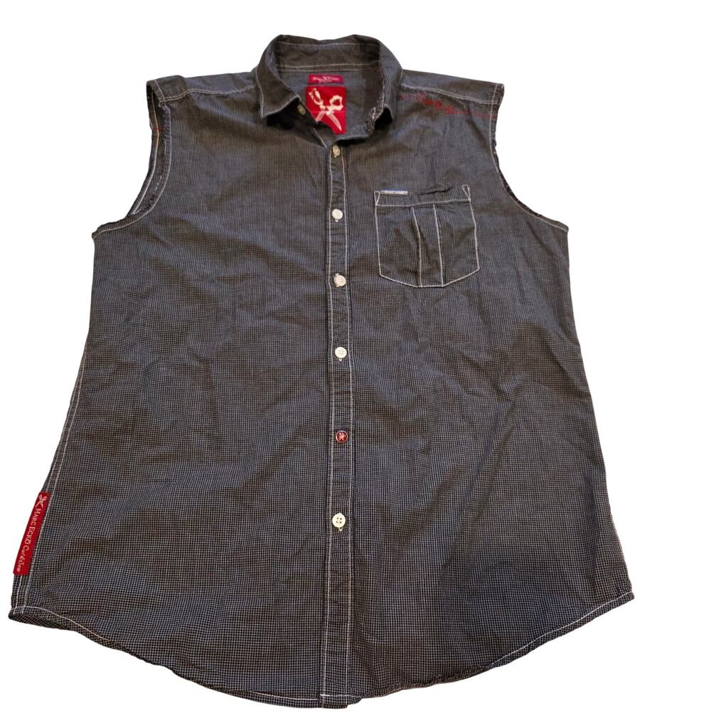 Marc Ecko Cut & Sew‎ Men's Sleeveless Plaid Button Down Shirt Medium Black Y2K